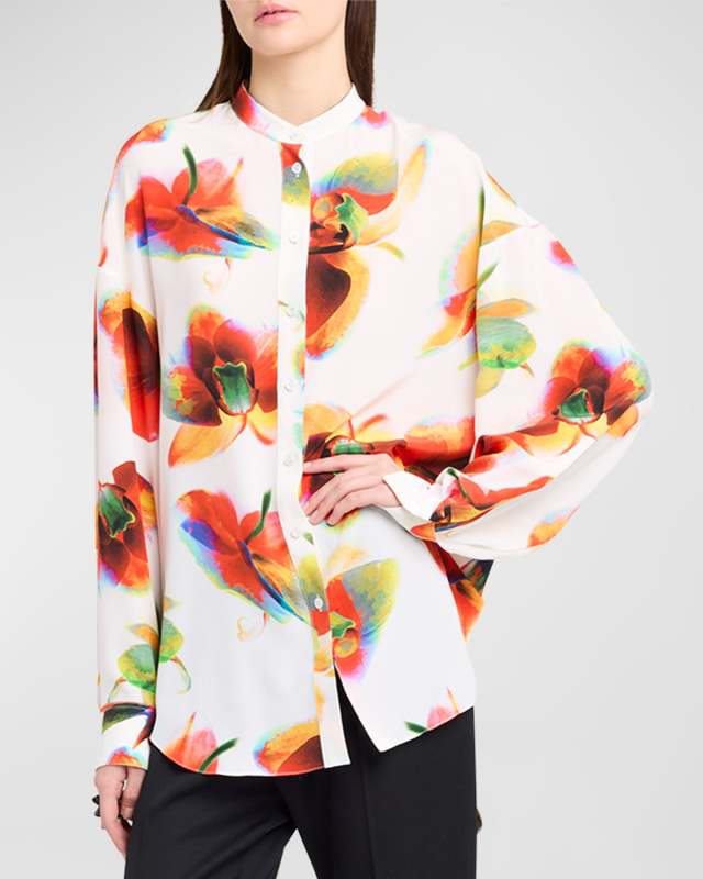 Floral-Print Silk Button-Front Blouse